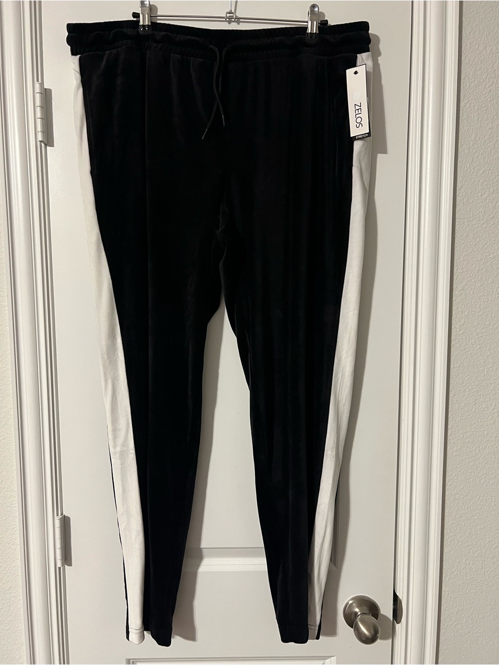 Zelos Velour Black Track Pants with White Side Stripe